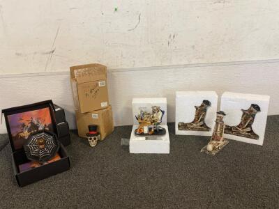 Halloween Decor, (3) Hidden Knife Skeletons, (2) Gamer Skeleton Statues, Skeleton Heads, (4) Spider Plates