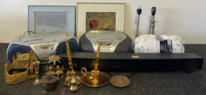 Yamaha Soundbar, (2) Stereos, Wall Art, Lamps, Brass & Glass Decor & More