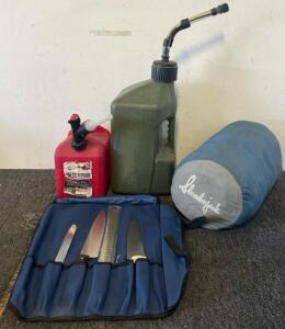 (2) Gasoline Cans, Sleeping Bags & Knives