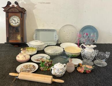 Grandfather Wall Clock, Dishes & Glassware Including Plates, Bowls, Cooking Dishes, & More