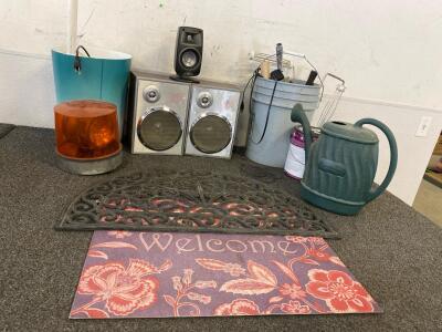 Tools, (3) Speakers (Unable To Test), (2) Door Mats, Behr White Paint, Grote 76223 Two Sealed-Beam Roto-Beacon, Watering Can And More