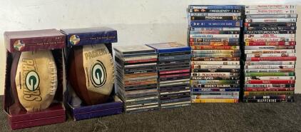 (2) Green Bay Packers Footballs, 1950 Chevy Stepside 1/25 Scale Model Kit, 40+ DVD Movies & 30+ Music CDs