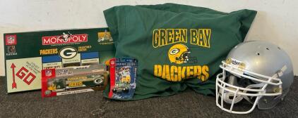 Green Bay Packers Items Including Monopoly, Diecast Cars & Pillow, & Schutt AiR XP Pro VTD II Adult Football Helmet