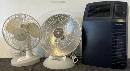 Lasko 1500W Electric Cyclonic Ceramic Room Space Heater, Presto HeatDish Plus Footlight Parabolic Electric Heater & Feature Comforts Table Fan