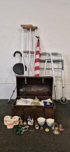3 Crutches/ Walker/ Cane, Flag Pole With American Flag, Vintage Trunk Full Of Vintage Linens, Vintage Christmas Decor, Vintage Bells, Vintage Flash Light