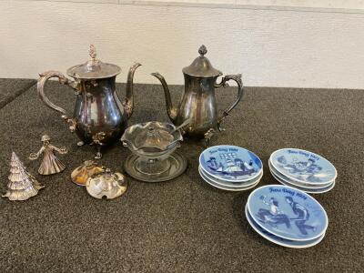 (2) Vintage Silver-Plated Coffee/ Teapots And (8) Limited Edition Series Fathers Day Issue Porsgrunds Porselensfabrik Norway Plates