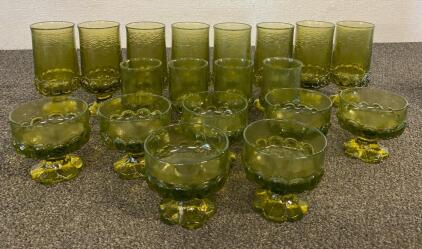 Vintage Tiffin Franciscan Heavy MADEIRA Olive Green Set Of (19) Uranium Glasses