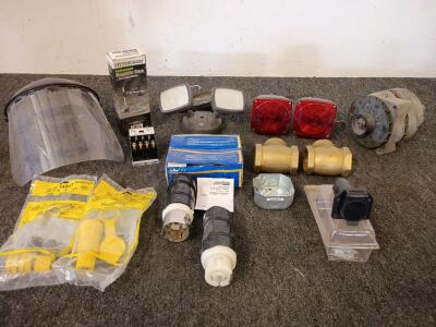 (1)Leviton CS8264C California Style Twist Locking Female Connector 50A 250V 2-Pole, (2) 50A Locking Plugs and Connectors, (2) 15A 120V Watertite Plug, Welding Shield, (2) 2" Brass Swing Check Valve, (2) Trailer Brake Lights, Allen-Bradley Bulletin 400 def