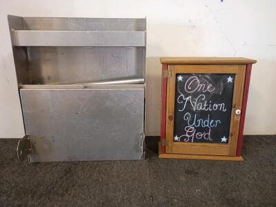 (1) Stainless Steel Shelf 30"X25"X6", (1) Wood Shop Cabinet 22"X17"X7" And More