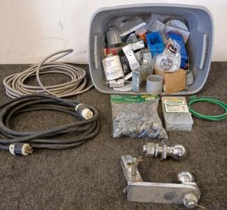 25' 14/2 MC Cable, 15' 14 AWG Insulated Cord, A Package of 100 Count Plastic Rome Connectors, Tote Full of Electrical Parts, 2" Hitch Ball, 1 7/8" Trailer Hitch Ball Mount With a Hitch Ball And Much More