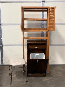 Over The Toilet Storage Shelf, Wooden Tilt Out Trash Bin and Modern Hairpin Stool/Footrest