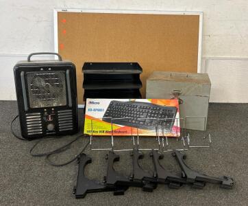 (1) Comfort Zone Milkhouse Style Utility Space Heater, (1) Corkboard, File Organizers, And More