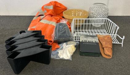 (1) Carhartt Men&rsquo;s Fire Resitant Rain Jacket Size 4XL, (1) Glass Vase, (1) Gun Holster, And More