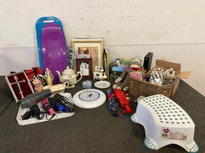 Decor, Games, Umbrellas, (3) Flat Irons (Work), (1) Blowdryer (Works) And More