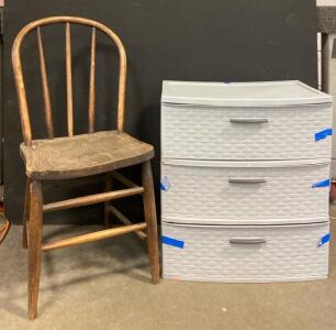 Vintage Wooden Chair & Sterilite 3-Drawer Wide Weave Tower