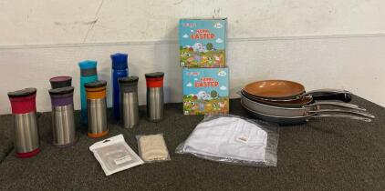 (5) Pans, (6) Contigo Thermos&rsquo;, (2) Contigo Water Bottles, Yegeer Easter Eggs With Toys Inside, Chef Cap, (2) Phone Cases
