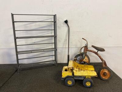 25&rdquo;x6&rdquo;x35&rdquo; Collapsible Shelf, Rustic Tricycle, Tonka Dump Truck, 30&rdquo; Black Rain Wand