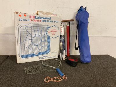 20&rdquo; 3 Speed Portable Fan Works, Foldable Lawn Chair, Air Pump, Bosch MicroEdge Wiper Blade, Fish Net, Bike Pack