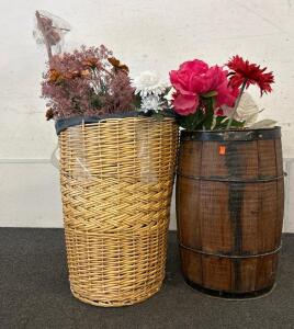 (1) Decorative Basket Filled With Fake Flowers And (1) Decorative Barel