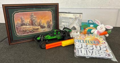 (1) Reprinted Painting, Easter Decorations, Toy Cars, And More