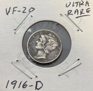 1916-D Mercury Dime "Ultra Rare" and VF-20 Grade