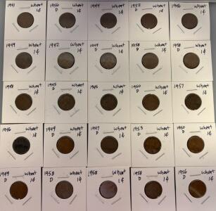 (25) Wheat Pennies One Cent Coins 1942-1958