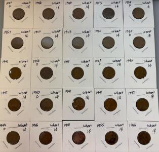 (25) Wheat Pennies One Cent Coins 1940-1958