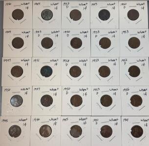 (25) Wheat Pennies One Cent Coins 1941-1958