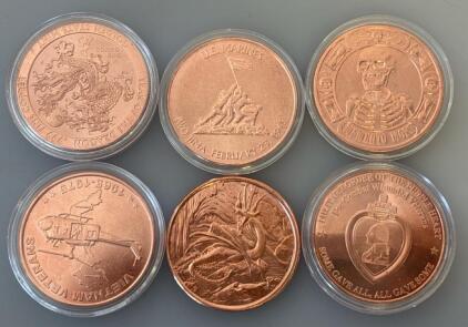 (6) Vintage 1oz Copper .999 Fine Round Tokens