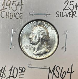 1954 MS64 CHOICE SILVER WASHINGTON. .25c
