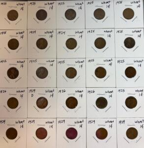 (25) Wheat Pennies One Cent Coins 1924-1929