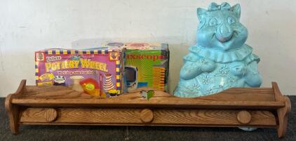 Pottery Wheel Kit, Science Tech Maxscope, Garden Decor Piggy Bank & Coat Hanger Shelf (46.5&rdquo; Length)