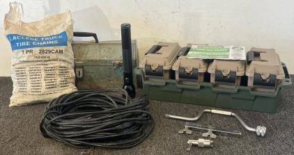 Store-All Crate, Lacelede Truck Tire Chains, Extention Cord, Toolbox & More