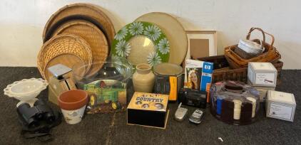 Home Goods Including Pampered Chef Family Heritage Collection Round Baking Stone, Wicker Decor, Revolving Poker Pack, Vintage Stoneware, Film Camera, Cassette Player, Flip Phones & More