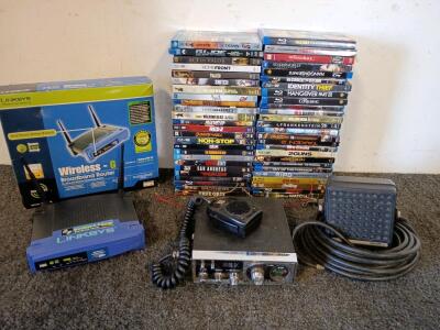 (51) DVD Movies, Wireless G Broadband Router CB Radio With Cord And Speaker