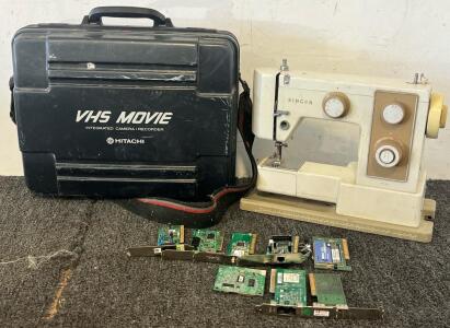 Vintage Hitachi VM-500E VHS Movie Camcorder, Singer 5127 Sewing Machine & PCI Expansion Cards / Computer Network Cards