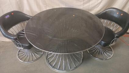 Mid-Century Modern Chrome Tulip Base Round Tinted Table 46"X46"X29" and (2)Armchairs 31"X26"X23"