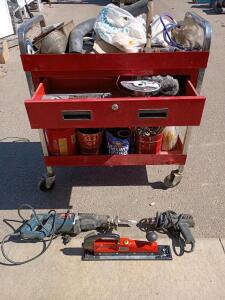 Ryobi Corded Saw Zaw, Black and Decker Corded Power Drill, Straight Line Sander, Red Wheeled Tool Cart Filled with Variety of Tools and Parts 35" X 30" X 15"