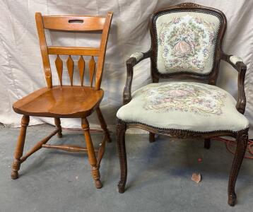 Vintage Upholstered Chair H 3&rsquo; 1&rdquo; W 1&rsquo; 11&rdquo; L 1&rsquo; 10&rdquo; And Wooden Kitchen Chair H 2&rsquo; 9.5&rdquo; W 1&rsquo; 5&rdquo; L 1&rsquo; 5&rdquo;