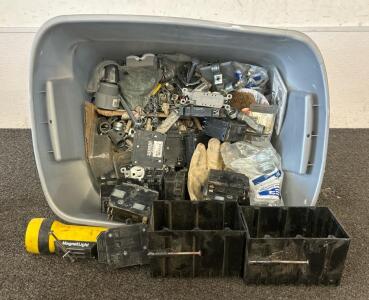 (1) Box Filled With Electrical Tools Including Electrical Junction Boxes And More