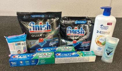 Brand New!! (2) Finish Powerball Quantum Dishwasher Detergents, (3) Crest Complete Toothpastes, (1) Degree Deodorant, And More