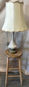 Wooden Stool & Small Vintage Lamp