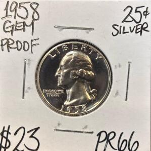 1958 PR66 GEM PROOF SILVER WASHINGTON .25c