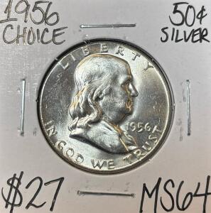1956 MS64 CHOICE SILVER FRANKLIN HALF $1