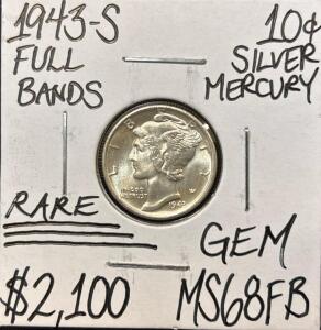 1943-S MS68FB RARE FULL BANDS SILVER DIME