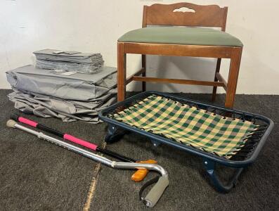Vintage Mahogany Vanity Chair, Folding Cot Pet Bed, (3) Clothing Protector Bags, (2) Shoe Organizers & (2) Canes
