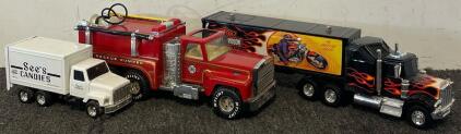 Vintage Diecast Models Including Buddy L Harley-Davidson Semi Truck & Trailer, Nylint Rescue Pumper Fire Truck, Engine 875, District 2 & See's Candies Delivery Truck