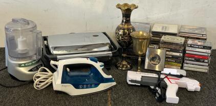 Home Goods Including Cuisinart 4-Cup Grinder, Hamilton Beach Electric Griddle, Black & Decker Iron, Vintage Brass Decor, CDs & Cassettes & More