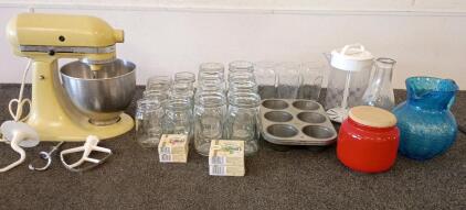 Kitchen Aid 10 Speed Mixer w/Attachments, (16) Glass Jars, (48) Flat Lids (2) Muffin Bakeware, And More