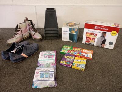 Women's Sz 8 Dr. Martins, Women's Sz10 Sperry Sport Shoes, (New In Box) Solo Stove Mesa Table Top Fire Pit, 6"X6"X6", (New In Box) Sunbeam Micromink Fabric Neck & Back Wrap w/ Remote, (New In Box) (5) Uno Card Games: Uno Flip, Uno 99, Uno Flex, Uno Classi
